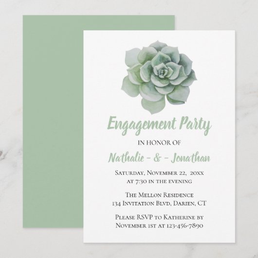 Invitation Monnaie Green Engagement Party Floral Succulent (Devant / Derrière)