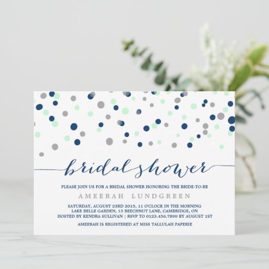 Invitation Monnaie & Marine Confetti Dots Bridal Showbale Inv (Debout devant)
