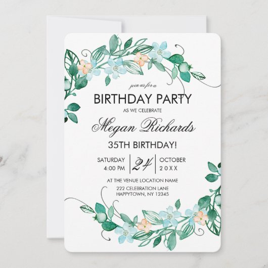 Invitation Monnaie Pêche Florale Wreath Anniversaire Fête Inv (Devant)