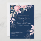Invitation Monnaie rose bleu marine rose feuille mariage (Devant)