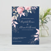 Invitation Monnaie rose bleu marine rose feuille mariage (Debout devant)