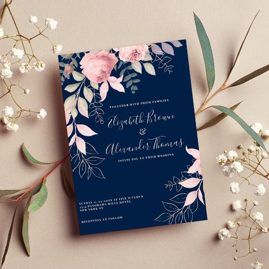 Invitation Monnaie rose bleu marine rose feuille mariage
