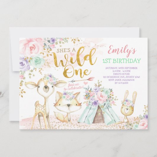 Invitation Monnaie rose Boho Boho Les animaux sauvages (Devant)