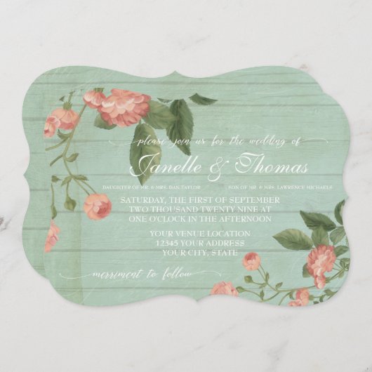 Invitation Monnaie Rustique élégant bois Joli brun Roses (Devant / Derrière)