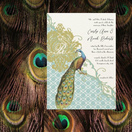 Invitation Monnaie Rustique Romantique Peacock Mariage damass