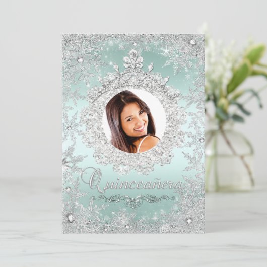 Invitation Monnaie Silver Tiara Snowflake Sparkle Quinceanera (Debout devant)