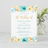 Invitation Monnaie Turquoise Or Floral Romantique Chic Mariag (Debout devant)