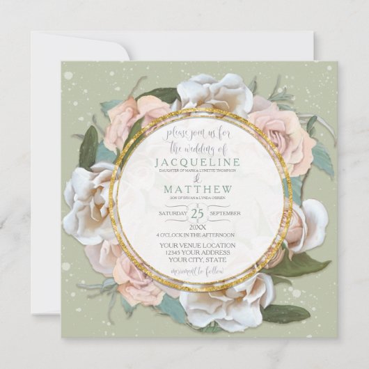 Invitation Monnaie Vert Bleu Rose Floral Or Moderne Wreath (Devant)