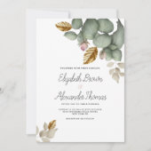 Invitation Monnaie vert rose or feuillage Mariage floral (Devant)