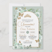 Invitation Monnaie Vert Sage Floral Or Papillon Quinceañera (Devant)