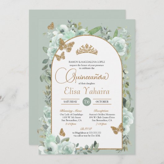 Invitation Monnaie Vert Sage Floral Or Papillon Quinceañera (Devant / Derrière)