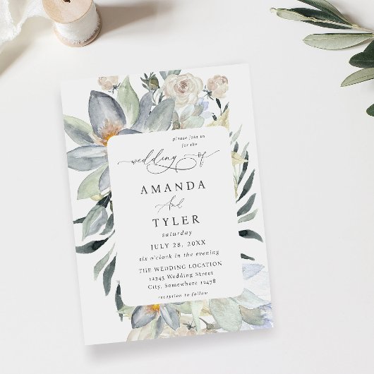 Invitation Monnaie verte et Mariage floral blanc