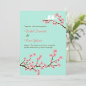 Invitation Monnaie verte et rose cerisier en fleurs Mariage m (Debout devant)