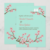 Invitation Monnaie verte et rose cerisier en fleurs Mariage m (Devant / Derrière)