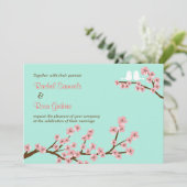 Invitation Monnaie verte et rose cerisier en fleurs Mariage m (Debout devant)