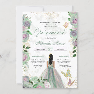 Invitation Monnaie verte & Lavande Rose papillon Quinceanera