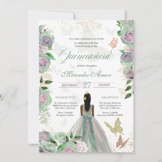 Invitation Monnaie verte & Lavande Rose papillon Quinceanera (Devant)