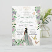Invitation Monnaie verte & Lavande Rose papillon Quinceanera (Debout devant)