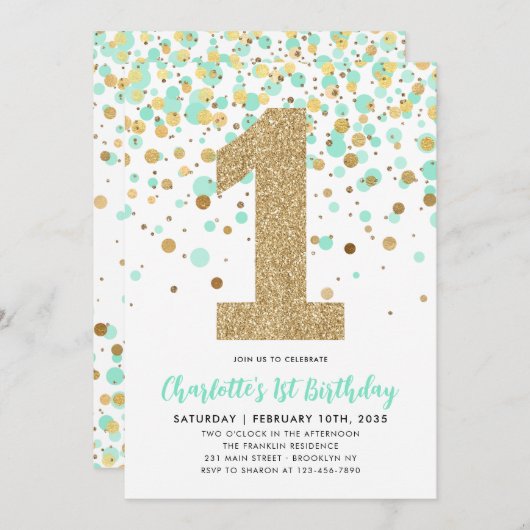 Invitation Monnaie verte Parties scintillant or Confetti 1er  (Devant / Derrière)