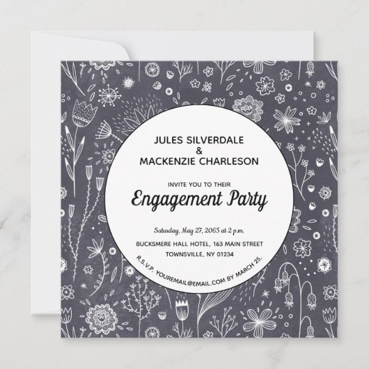 Invitation Monochrome Flower Chalkboard Moderne Fiançailles (Devant)