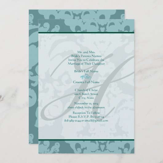 Invitation Monogram Aqua Blue Mariage damassé (Devant / Derrière)