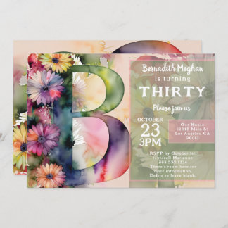 Invitation Monogram B Colorful Watercolor Flowers Birthday