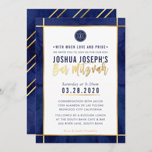 Invitation MONOGRAM BAR MITZVAH bleu foncé or (Devant / Derrière)