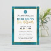 Invitation MONOGRAM BAR MITZVAH turquoise Bande dorée bleue (Debout devant)