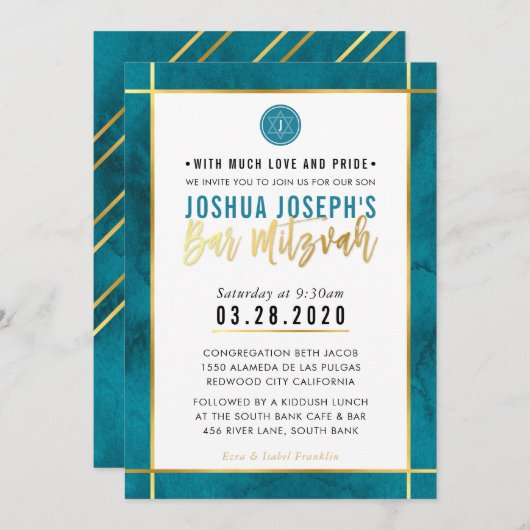 Invitation MONOGRAM BAR MITZVAH turquoise Bande dorée bleue (Devant / Derrière)