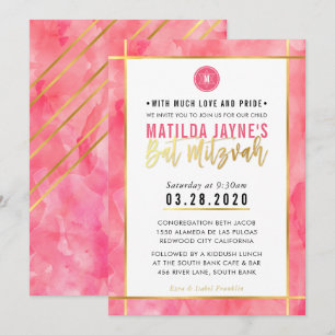 Invitation MONOGRAM BAT MITZVAH corail rose or strié