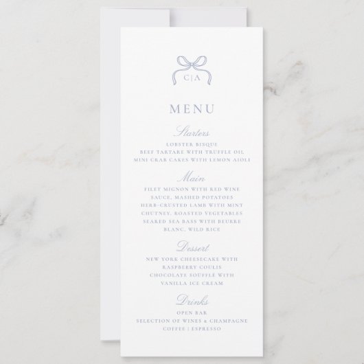 Invitation Monogram Blue Bow Wedding Menu Card (Devant)