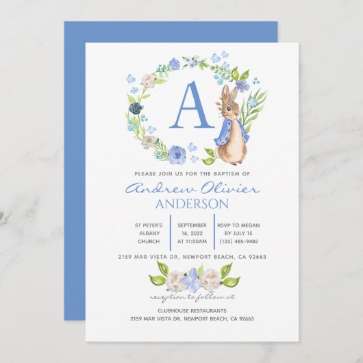 Invitation Monogram Blue Floral Peter Rabbit Baptême garçon   (Devant / Derrière)