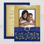 Invitation Monogram Blue, Gold Floral Photo Wedding Invitatio (Devant / Derrière)