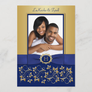 Invitation Monogram Blue, Gold Floral Photo Wedding Invitatio