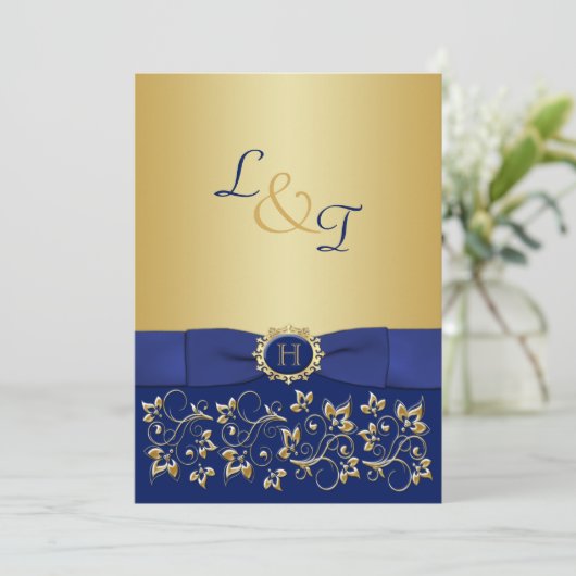 Invitation Monogram Blue, Gold Floral Scroll Wedding Invitati (Debout devant)