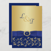Invitation Monogram Blue, Gold Floral Scroll Wedding Invitati (Devant / Derrière)