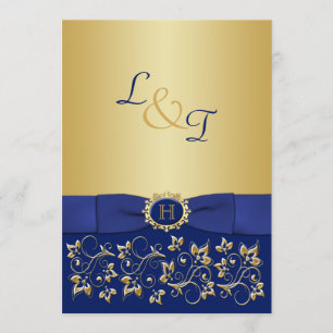 Invitation Monogram Blue, Gold Floral Scroll Wedding Invitati