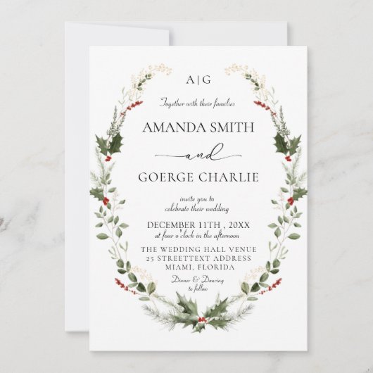 Invitation monogram Christmas greenery Winter Photo wedding (Devant)