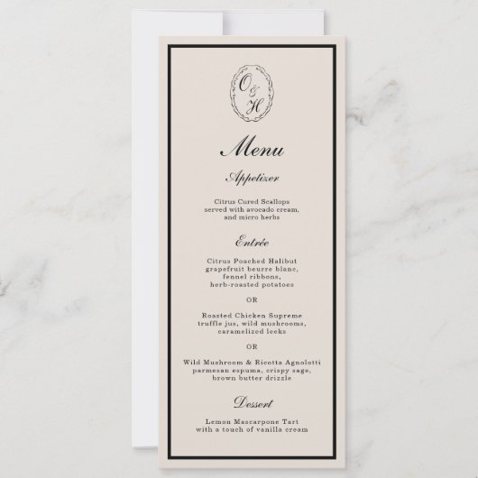 Invitation Monogram Classic Wedding Classic Long Menu Card (Devant)