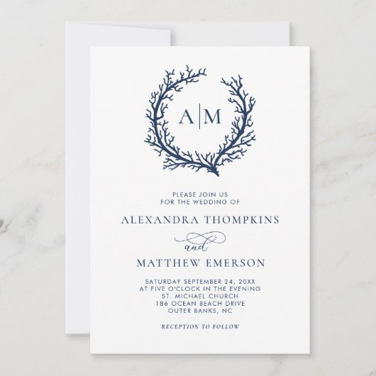 Invitation Monogram Crest Coral Beach Mariage (Devant)