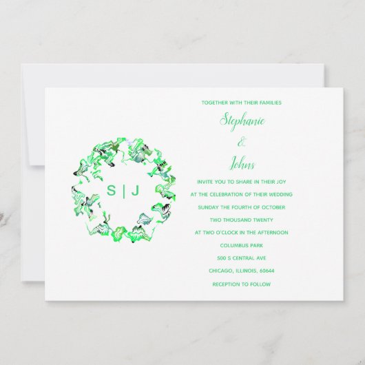 Invitation Monogram Crest Green White Simple Boho Mariage (Devant)