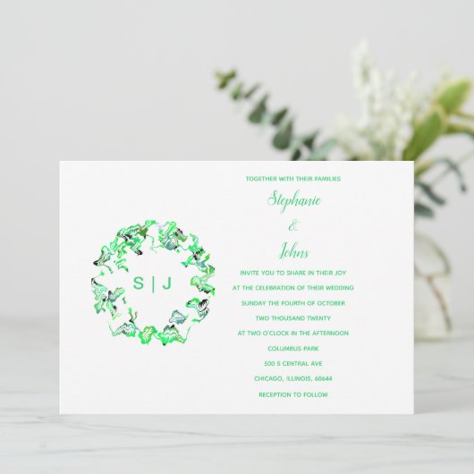 Invitation Monogram Crest Green White Simple Boho Mariage (Debout devant)