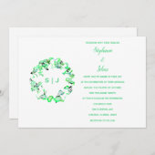 Invitation Monogram Crest Green White Simple Boho Mariage (Devant / Derrière)