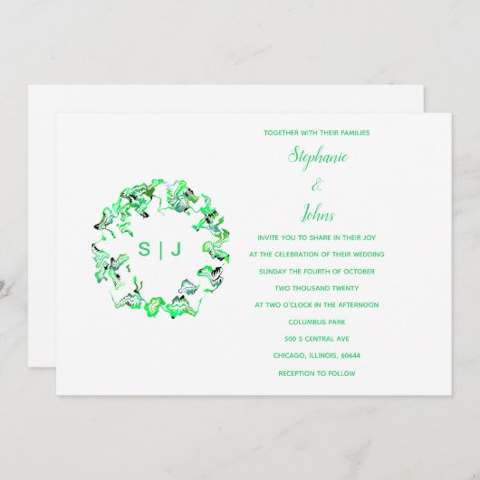 Invitation Monogram Crest Green White Simple Boho Mariage (Devant / Derrière)