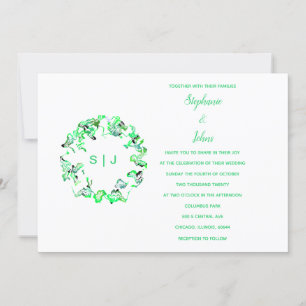 Invitation Monogram Crest Green White Simple Boho Mariage