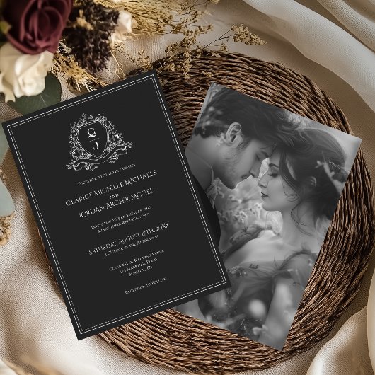 Invitation Monogram Crest Mariage photo noir et blanc