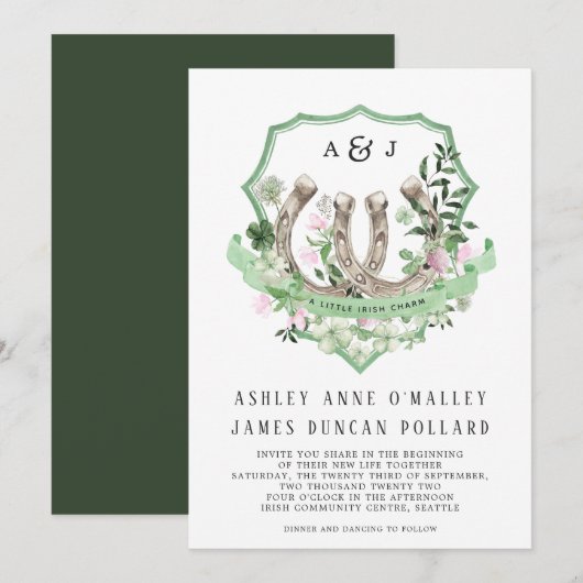 Invitation Monogram | Fleurs botaniques de trèfles à fer à ch (Devant / Derrière)