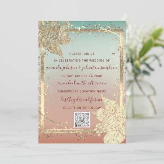 Invitation Monogram Floraux Faux Gold Frame QR Code Ombre (Debout devant)