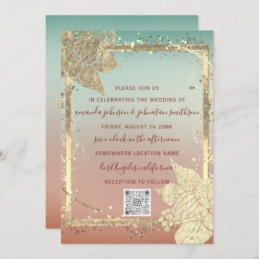 Invitation Monogram Floraux Faux Gold Frame QR Code Ombre (Devant / Derrière)