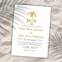 Invitation Monogram Gold Palm Tree Mariage de plage formelle